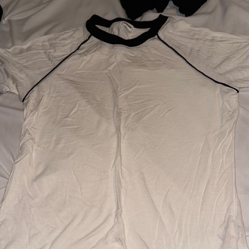 Garage, black and white short sleeve baseball tee